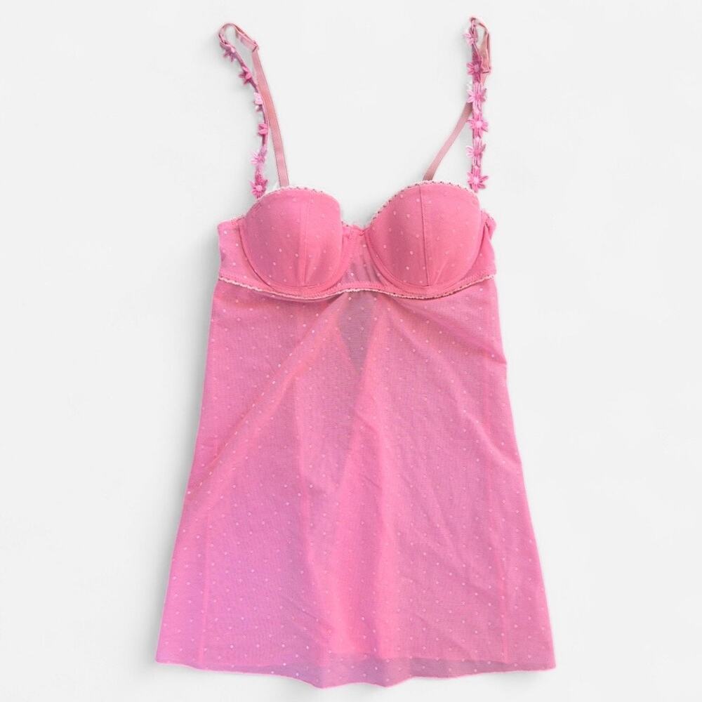 Rampage Vintage Pink Floral Polka Dot Mesh Babydoll Slip